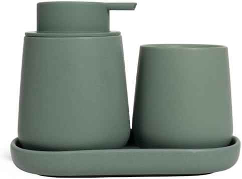 INGOFIN 3 Pcs Ceramic Bathroom Accessory Set - Liquid Soap Dispenser, Toothbrush Holder & Tray, Bathroom Counter Set, Countertop Essentials for Home, Guest Bathroom, or Office Use, Matte Green
