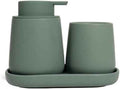 INGOFIN 3 Pcs Ceramic Bathroom Accessory Set - Liquid Soap Dispenser, Toothbrush Holder & Tray, Bathroom Counter Set, Countertop Essentials for Home, Guest Bathroom, or Office Use, Matte Green