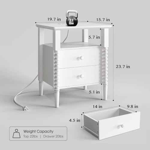 JOINICE White Nightstand with Charging Station, Jenny Lind Spindle