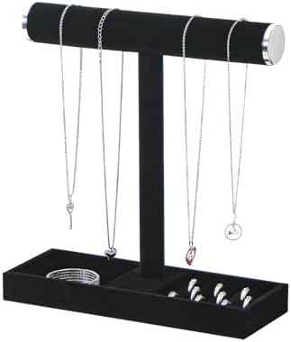 Necklace Display Holder, Bracelet Organizer Stand with Earrings Tray and Metal Lid, Jewelry Scrunchie Watches Tray Rack for Women Home Desk (Black)