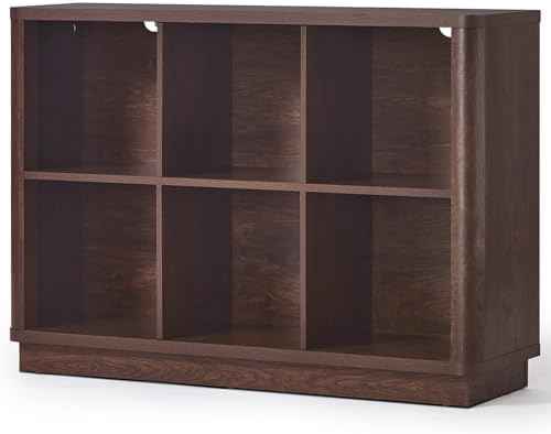 Joaxswe 6 Cube Bookcase, 40" Wide Low Horizontal Book Shelf w/Curved Edge, Wood Floor Standing 2-Tier Bookshelf with Base, Modern Short Storage Organizer for Bedroom,Office, Walnut