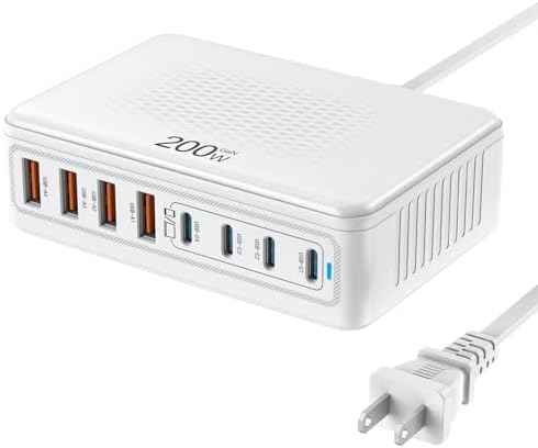 USB C Charger Block 200W, GaN USB Charging Station Hub 8-Port, PD 65W Laptop Fast Charger Power Adapter Compatible with MacBook Pro/Air,Dell,iPad,iPhone 16/15,S23/S24 Steam Deck etc