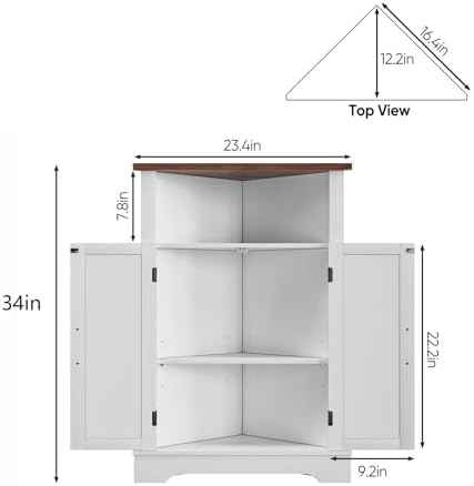 Bathroom Corner Cabinet,Farmhouse Floor Corner Cabinet with Doors and Adjustable Shelves, Freestanding Wooden Storage Hutch Cupboard for Bathroom, Kitchen, Living Room, White