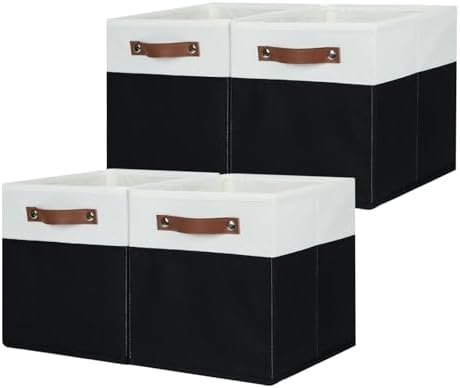 HNZIGE Cubes Storage Bins Set of 4,11 x 11 Fabric Storage Cube Baskets for Storage,Decorative Storage Bins for Shelves with Handles,Closet Clothes Baskets for Organizing Home(Black White)