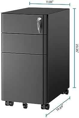 Mount-It! Slim 3 Drawer Rolling File Cabinet with Lock, Mobile Metal Filing Cabinet on Wheels for Under Desk Home & Office Storage, Letter Legal A4, Black