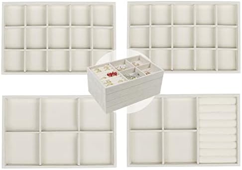 Set of 4 Stackable Jewelry Trays Organizer, Velvet Earring Organizer, Jewelry Organizer Showcase Display Drawer Organizer Storage, Earring Holder Necklace Bracelet Ring Accessary Organizers (Beige)