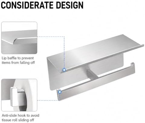 Double Toilet Paper Holder with Shelf,Idealmax Toilet Paper Holder Brushed Nickel,Large Commercial Toilet Paper Dispenser Phone Shelf, Wall Mounted Tissue Roll for Bathroom, Stainless Steel
