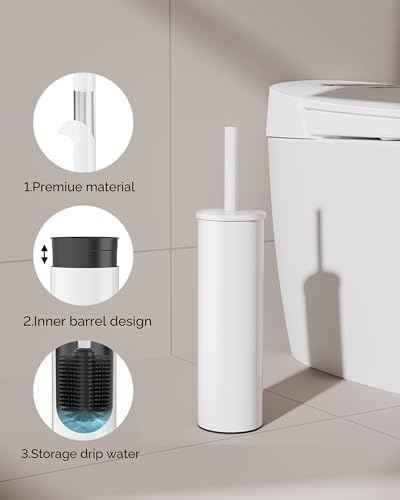 Toilet Brush and Holder Set, Stainless Steel Toilet Bowl Brush with Lid, Rust Proof Toilet Cleaner Brush with Caddy, Durable Bristles, Splash Proof, Ideal for Bathroom（1 Pack, White）