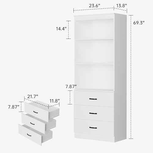 70" H Bookshelf with Drawers, Tall Bookcase with 3-Tier Open Shelves, Bookshelf and Bookcase with Storage Cabinet for Home Office,Living Room(White, 6-Tier)