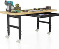60" Adjustable Workbench with Wheels and Drawer, Solid Wood Rolling Work Bench Table with Power Outlet, Metal Tool Bench Work Bench for Garage, Large Load Capacity Workbench for Workshop,Office,Home