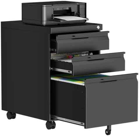 3 Drawer Mobile File Cabinet with Lock, Metal Small Filing Cabinets for Home Office Organizer,Rolling Filing Cabinets Under Desk Storage for Letter/Legal/A4,Assembly Required,Black