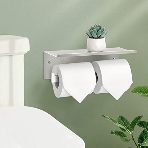Double Toilet Paper Holder with Shelf,Idealmax Toilet Paper Holder Brushed Nickel,Large Commercial Toilet Paper Dispenser Phone Shelf, Wall Mounted Tissue Roll for Bathroom, Stainless Steel