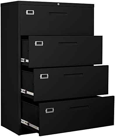 BYNSOE 4 Drawer Filing Cabinet with Lock Metal Lateral File Cabinet Office Home Steel Lateral File Cabinet for A4 Legal/Letter Size Wide Metal Cabinet Locked,Assembly Required (4 Drawer, Black)