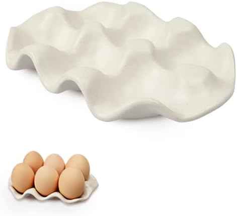 Ceramic 6 Cups Egg Tray,Half Dozen Porcelain Egg Holder Container Keeper Storage Organizer, Decorative Serving Stand Serveware for Refrigerator Fridge Countertop Display Kitchen (white)