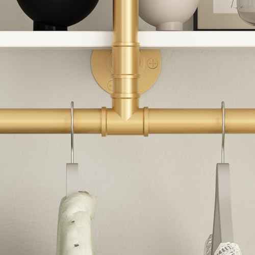 ORSENIGO Industrial Pipe Clothing Rack with Shelves, Gold Wall Mounted Clothes Rack Heavy Duty Display Garment Rack for Home Retail