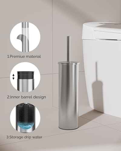 Toilet Brush and Holder Set, Stainless Steel Toilet Bowl Brush with Lid, Rust Proof Toilet Cleaner Brush with Caddy, Durable Bristles, Splash Proof, Ideal for Bathroom (1 Pack, Brushed Nickel)