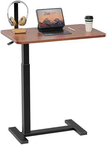 Simple Deluxe Adjustable Overbed Bedside Table with Wheels, Pneumatic Adjustable Hospital & Home Use Bed Table, Rolling Laptop Table, Mobile Standing Desk, Brown
