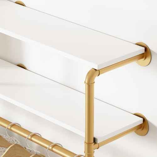 ORSENIGO Industrial Pipe Clothing Rack with Shelves, Gold Wall Mounted Clothes Rack Heavy Duty Display Garment Rack for Home Retail