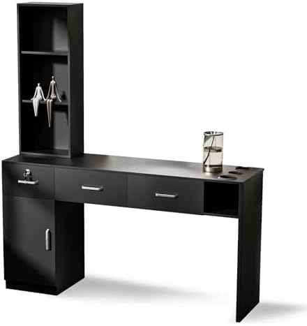 Barber Salon Station for Hair Stylist, Salon Wall Mount Station with Barber Cabinet and Barber Desk, Hair Salon Stations Equipment with Holders, Drawers, Beauty Station Without Mirror (Black)