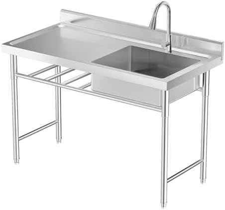 Free Standing Stainless Steel Kitchen Sink Single Bowl with Workbench & Storage Shelves, Commercial Utility Prep Sink for Restaurant Indoor Outdoor Use