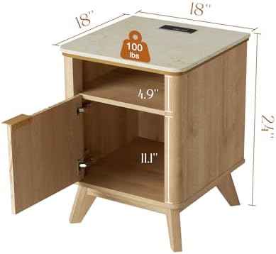 QUW Fluted Nightstands with Charging Station, 18" Modern Side Table