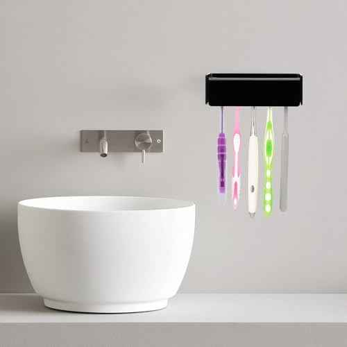 5 Slots Wall Mount Toothbrush Holder with Cover, Self Adhesive Toothbrush Storage Organizer for Shower, Toothbrush Hanger for Bathroom, Medicine Cabinet, Dorm (Black)