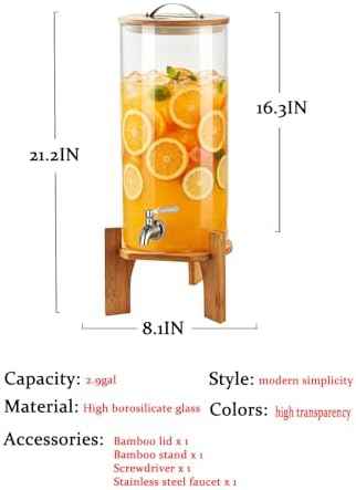 Beverage Dispenser,2.9 Gallon Glass Drink Dispenser with Stand,Glass water dispenser with Spigot, Large Drink Dispensers for Parties,Water Dispensers for Bar,Wedding,Restaurants 11L