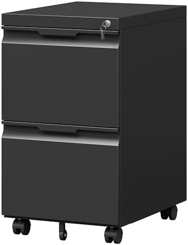 2 Drawer Metal Rolling File Cabinet with Lock, Under Desk Mobile Filing Cabinet for Home Office, Printer Stand with Casters Fits A4/Letter/Legal Size Documents, Black