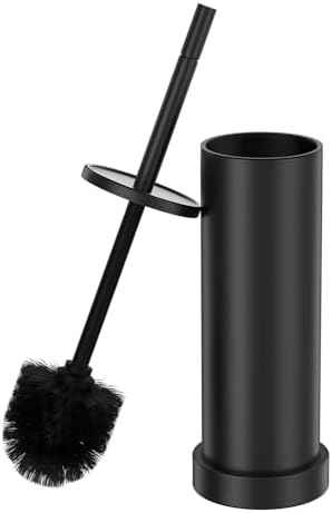 Black Toilet Brush and Holder Set, 304 Stainless Steel Heavy Duty Toilet Bowl Brush and Holder with Long Handle, Removable Inner Bowl and Splash Protection Modern Toilet Cleaner Brush for Bathroom