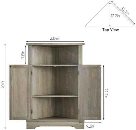 Bathroom Corner Cabinet, Farmhouse Floor Corner Cabinet with Doors and Adjustable Shelves, Freestanding Wooden Storage Hutch Cupboard for Bathroom, Kitchen, Living Room,Grey