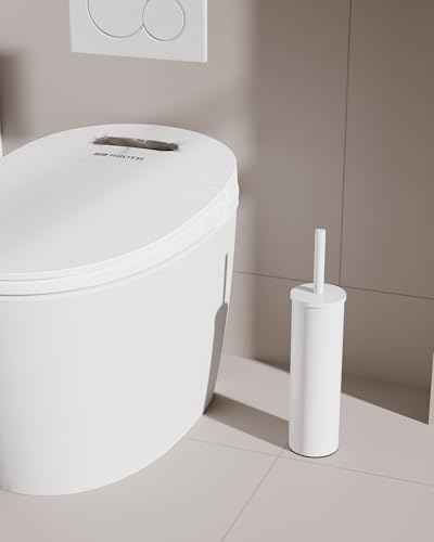 Toilet Brush and Holder Set, Stainless Steel Toilet Bowl Brush with Lid, Rust Proof Toilet Cleaner Brush with Caddy, Durable Bristles, Splash Proof, Ideal for Bathroom（1 Pack, White）