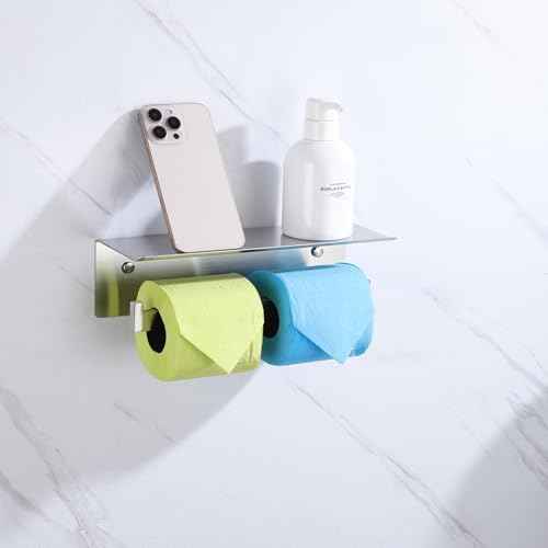 LANC Double Toilet Paper Holder with Shelf, Brushed Nickel Commercial Toilet Tissue Roll Dispenser with Phone Shelf 304 Stainless Steel for Bathroom, Kitchen, Hotel Wall Mounted, A8877BN