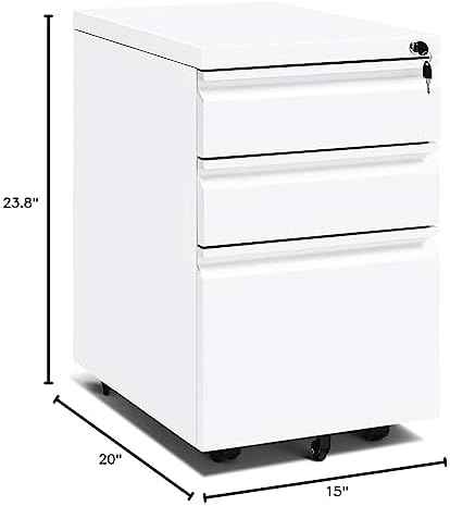 INTERGREAT 3 Drawer Filing Cabinet with Lock, White Mobile File Cabinet with Wheels, Rolling Small Metal Cabinets Under Desk for Home Office, Assembled