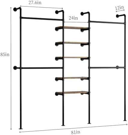 Industrial Pipe Clothing Racks with 5 Shelves, Wall Mounted Clothes Rack for Hanging Clothes, Black Wall Clothing Rack, Heavy Duty Clothes Rack for Walk in Closet, Laundry Room