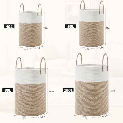 Laundry Basket,Woven Cotton Rope Laundry Hamper,Versatile Storage for Dirty Clothes,Baby Toys,and Blankets in Bathroom, Nursery,and Living Room (Brown, 60L)