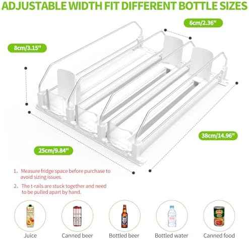 Coanto Drink Organizer for Fridge, Soda Can Organizer for Refrigerator with Automatic Pusher Glide, Adjustable Width Drink Dispenser for Fridge, Holds up to 15 Cans or Bottles, 3 Row