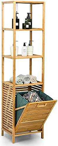 4 Tier Bamboo Shelves with Tilt Out Laundry Hamper, Freestanding Storage Shelf with Laundry Basket, Tower Hamper Organizer for Laundry Room, Bathroom, Bedroom, Natural