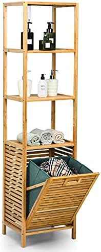 4 Tier Bamboo Shelves with Tilt Out Laundry Hamper, Freestanding Storage Shelf with Laundry Basket, Tower Hamper Organizer for Laundry Room, Bathroom, Bedroom, Natural