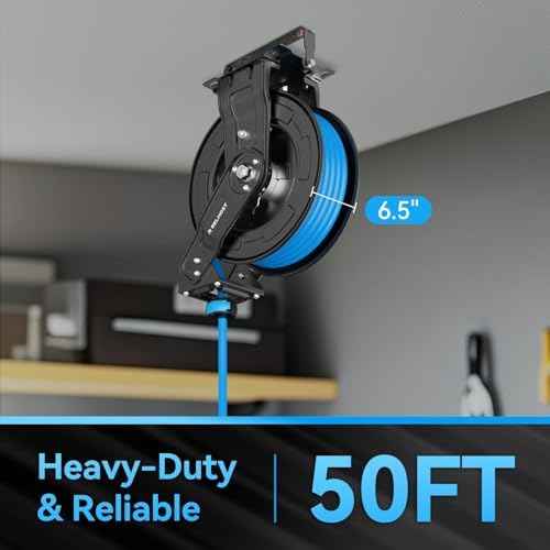Relhost Retractable Air Hose Reel, 50 ft x 3/8 in Hybrid Air Hose Max 300PSI, Heavy Duty Air Compressor Hose Reel with Dual Arms, Auto Rewind, 180° Swivel Ceiling/Wall Mount for Garages, Workshops