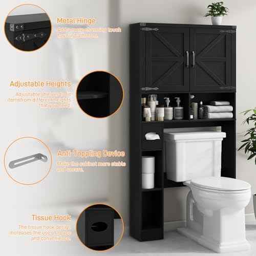 Vabches Over The Toilet Storage Cabinet with 2 Barn Doors, Pure Black
