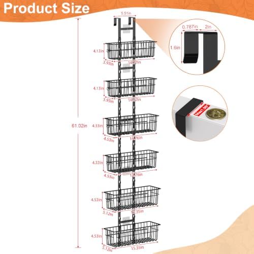 Hongtamoya Over The Door Organizer, Adjustable Hanging Door Organizer with 6 Wire Baskets 5 Hooks, Metal Behind The Door Storage for Pantry Closet Bedroom Bathroom Cabinet Kitchen Laundry Room, Black