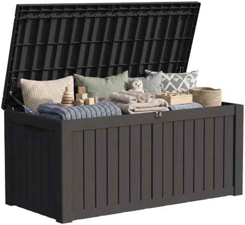 150 Gallon Resin Large Deck Box Organization and Storage Box for Patio, Outdoor Cushions, Garden Tools, Black | Hydraulic Pistons, Resin, Weatherproof