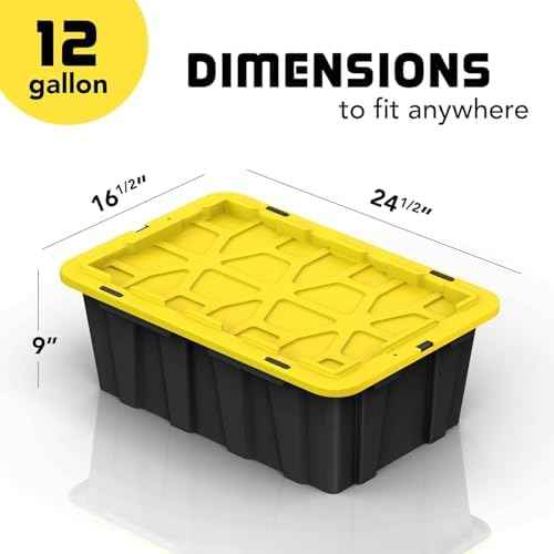 8 PACK of 12 Gallon Medium Black & Yellow Storage Bins | Plastic Tote Organizing Container with Secure Latching Lids, Stackable, Extra Strength with Built in Handle | 24.5" x 16.5" x 9"