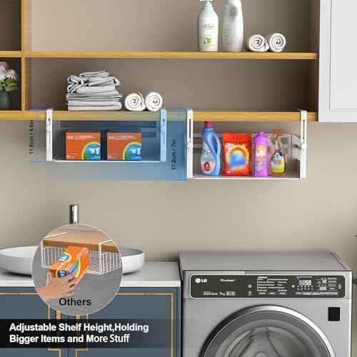 AmonHouseware 2 Pack Under Shelf Storage Basket Organizer,Adjustable Hanging Under Cabinet Add-on Storage Racks Slide-in Baskets Organizer for Laundry Room Kitchen Pantry Desk Bookshelf, White