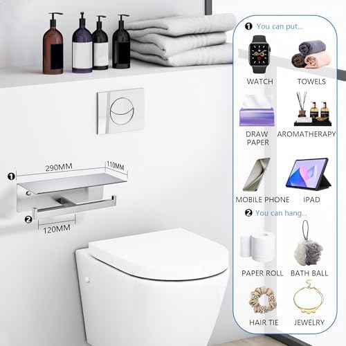 LANC Double Toilet Paper Holder with Shelf, Brushed Nickel Commercial Toilet Tissue Roll Dispenser with Phone Shelf 304 Stainless Steel for Bathroom, Kitchen, Hotel Wall Mounted, A8877BN