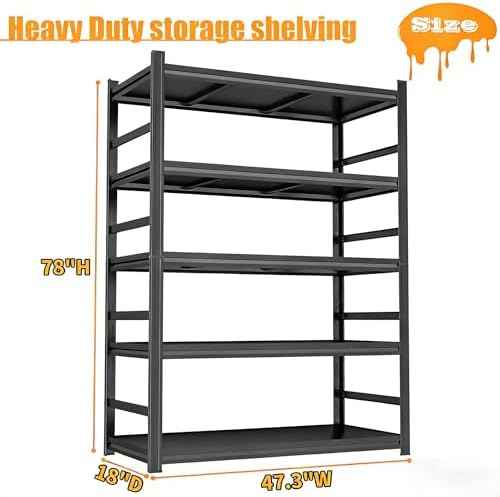 78" H x 48" Wx 18" D Heavy Duty Garage Shelving Large Garage Shelves for Storage 4000LBS Metal Adjustable Storage Shelf for Basement, Warehouse 5-Tier Black