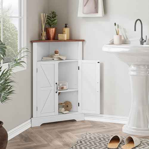 Bathroom Corner Cabinet,Farmhouse Floor Corner Cabinet with Doors and Adjustable Shelves, Freestanding Wooden Storage Hutch Cupboard for Bathroom, Kitchen, Living Room, White