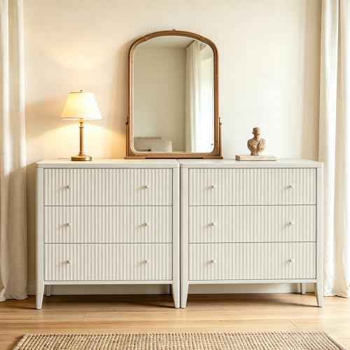 Large Nightstand,34”Wide Fluted Painted Bedside Table with 3 Drawer Dresser,Large End Tables with Storage, Metal Handle & Rounded Corners for Bedroom,Alabaster White
