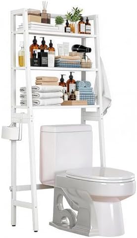Over The Toilet Storage, Wooden 3-Tier Over-The-Toilet Rack Bathroom Space Saver Organizer, Freestanding Above Toilet with Toilet Paper Holder and Hooks (White)