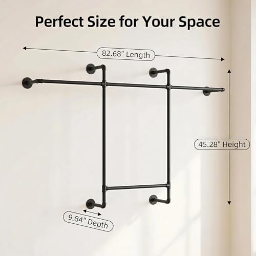 Industrial Pipe Clothing Rack, Hanging Garment Rack, Wall Mounted Pipe Clothes Rack with Four Hanging Rods, Heavy Duty Garment Rack, Industrial Steampunk Closet Organizer Hall Tree (Metal Pipes-Black)